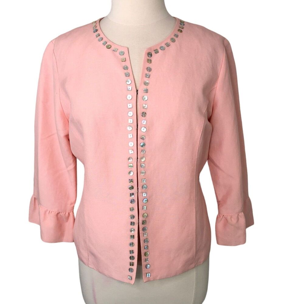 Ruby Rd Linen Jacket Lined Embellished Size 14 Hook and Eye Closure